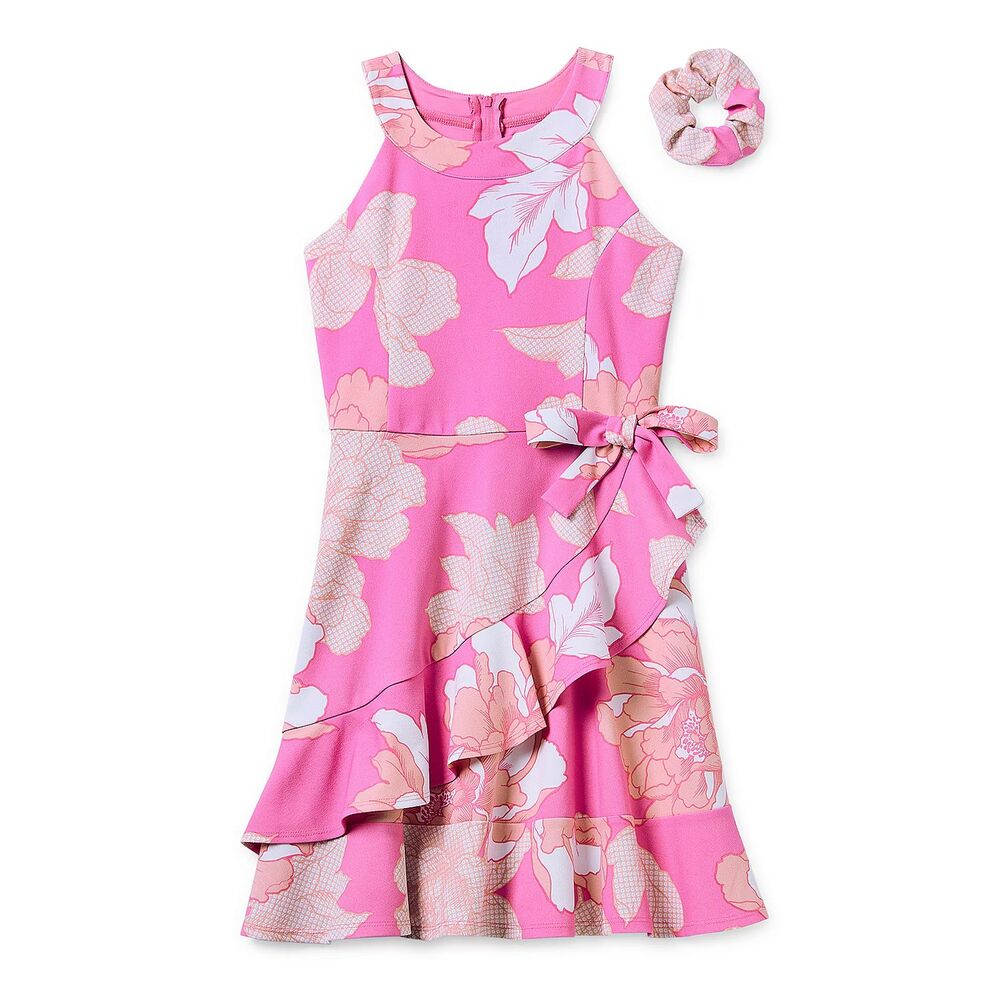 Emerald Sundae Pink Floral Ruffle Hem Dress with Bow and Scrunchie
